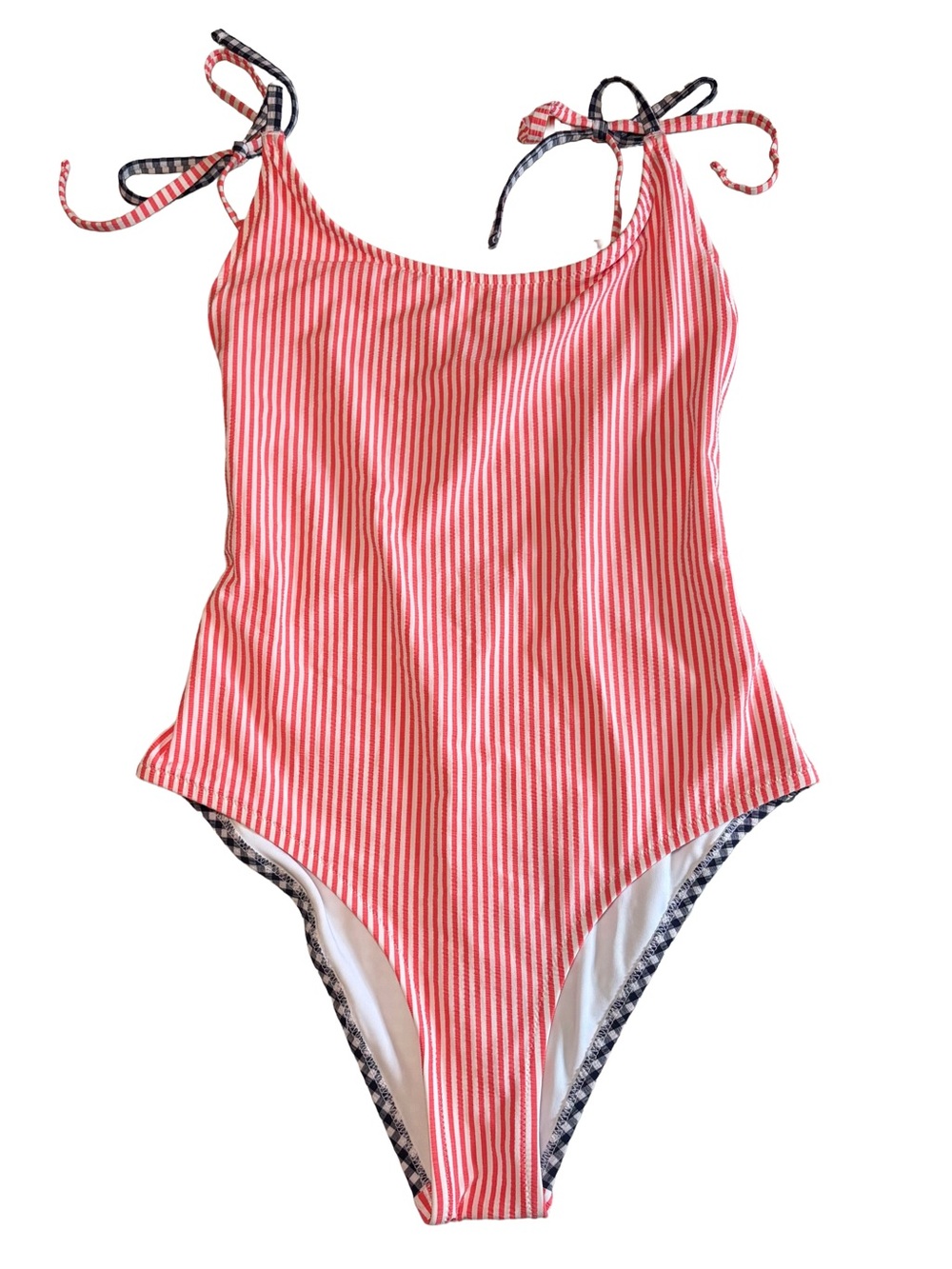 Aerie One Piece Swimsuit Seersucker Red Stripes Blue Gingham Tie Strap Women’s S